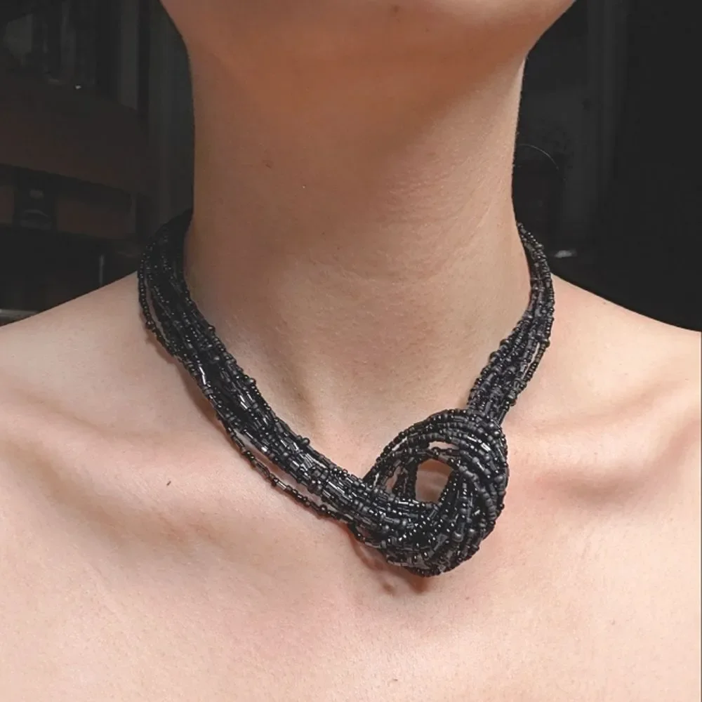 Knotted Multistrand Black Beaded Necklace